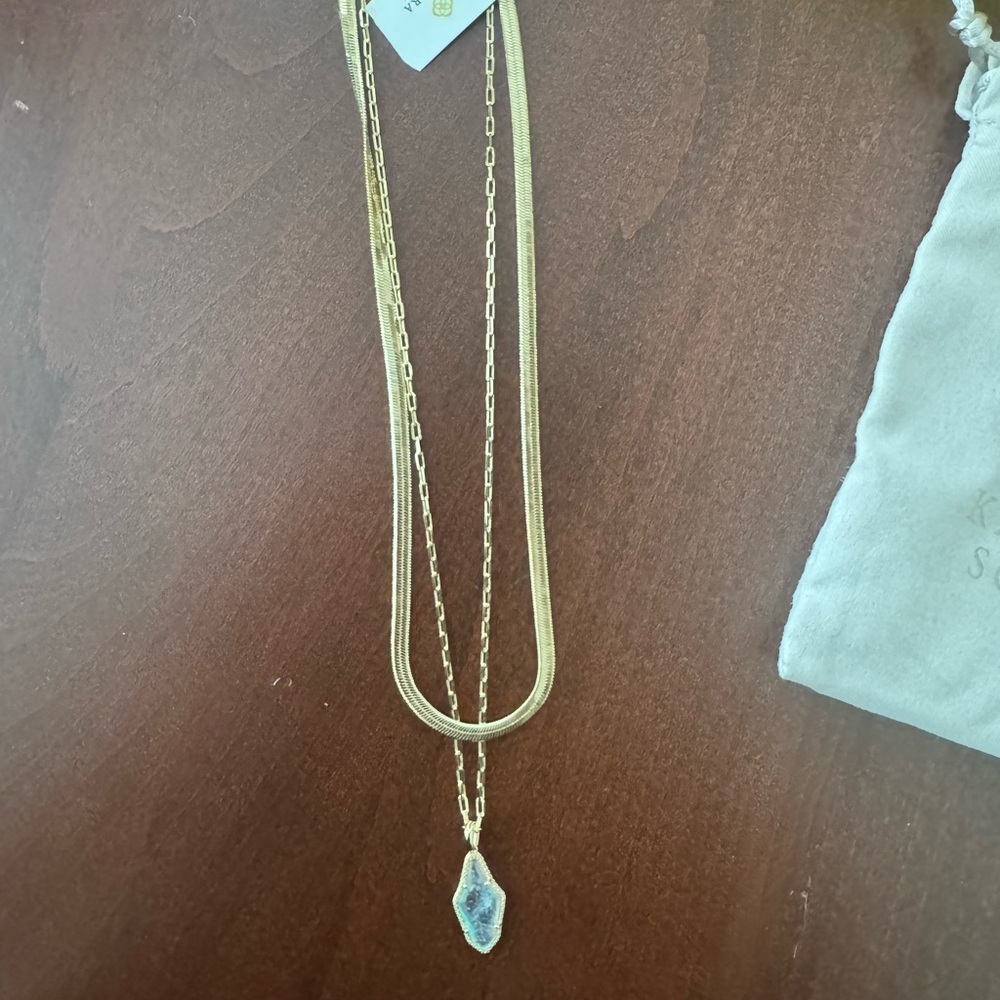 Kendra Scott Gold Double Chain Necklace with Iridescent Pendant